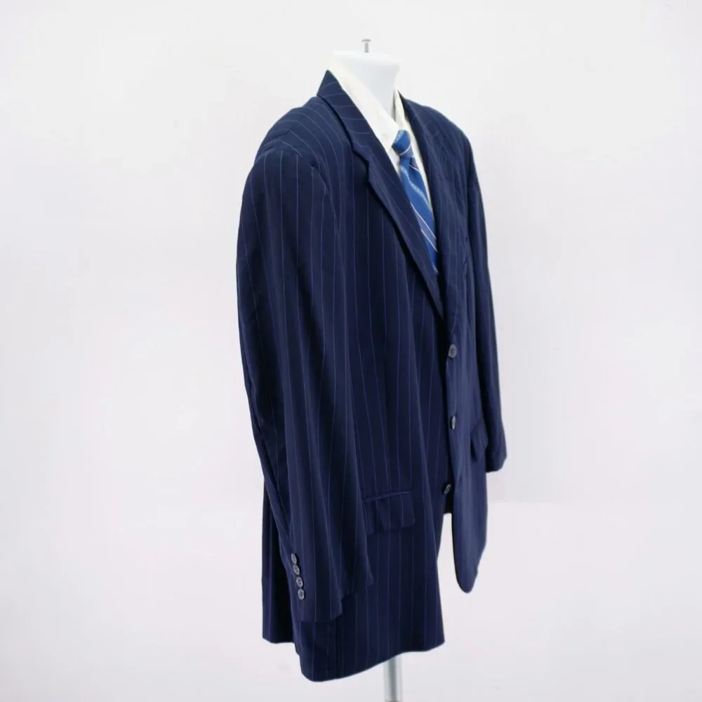 Tommy Hilfiger Blue Striped Wool 2 Piece Suit 46R 40 / 28.5 3 Button High Rise P